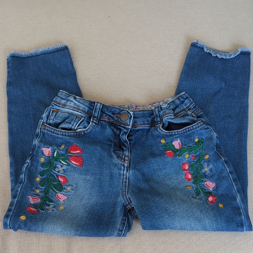Mini Boden Denim Jeans with Floral Embroidery